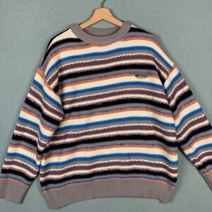 Textured Knit Striped Crew Neck Sweater Multicolor 80s 90s Cosby Style XL